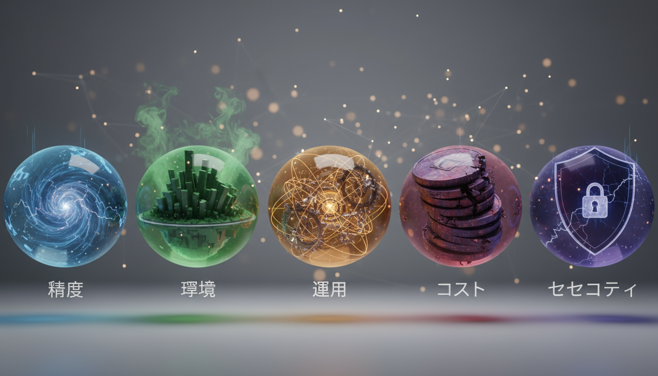 弱点が目立ちやすいポイントは「精度・環境・運用・コスト・セキュリティ」です