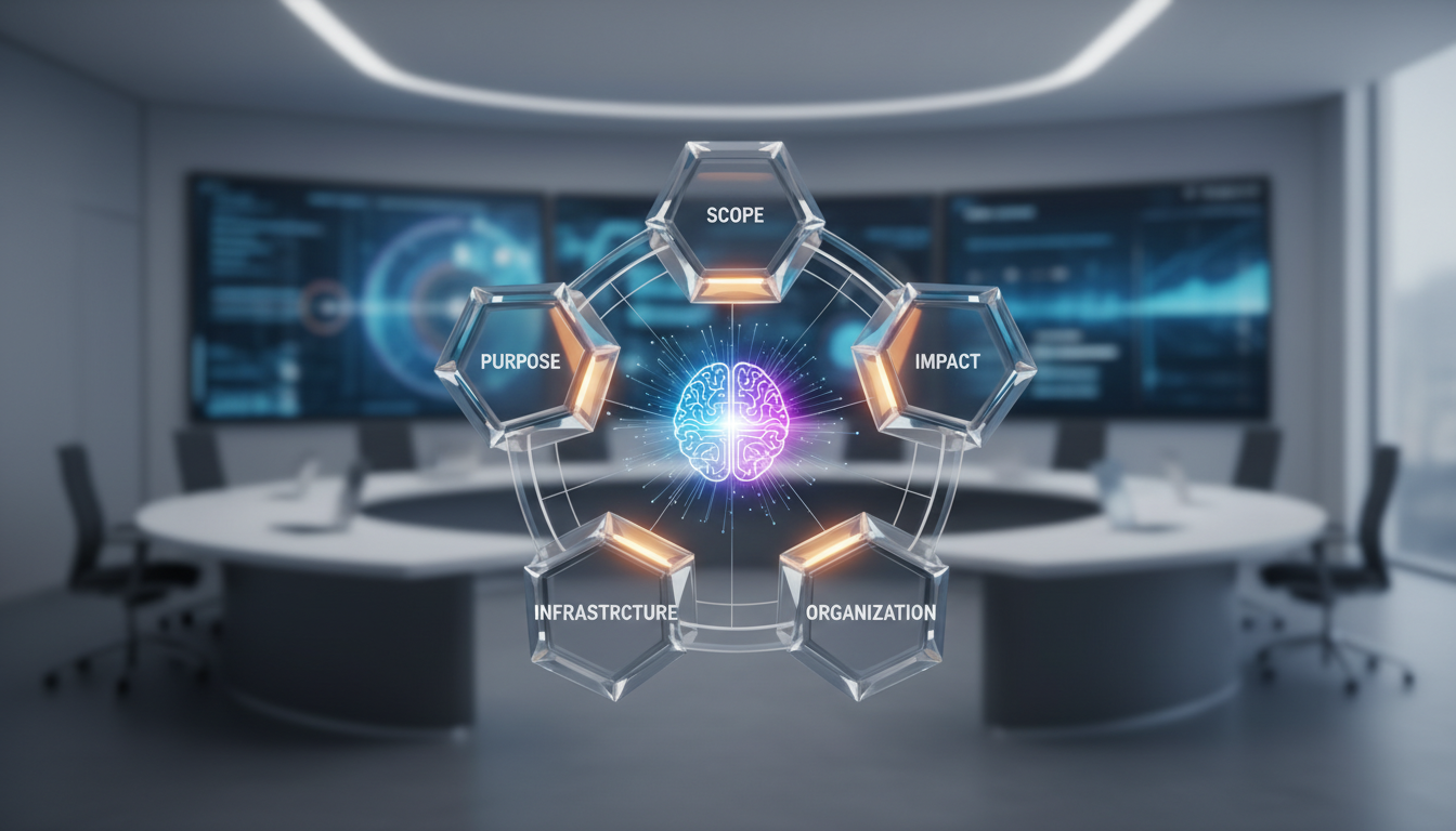 AI導入を成功させるための重要な視点とは、目的・範囲・効果・基盤・体制を一貫させることです